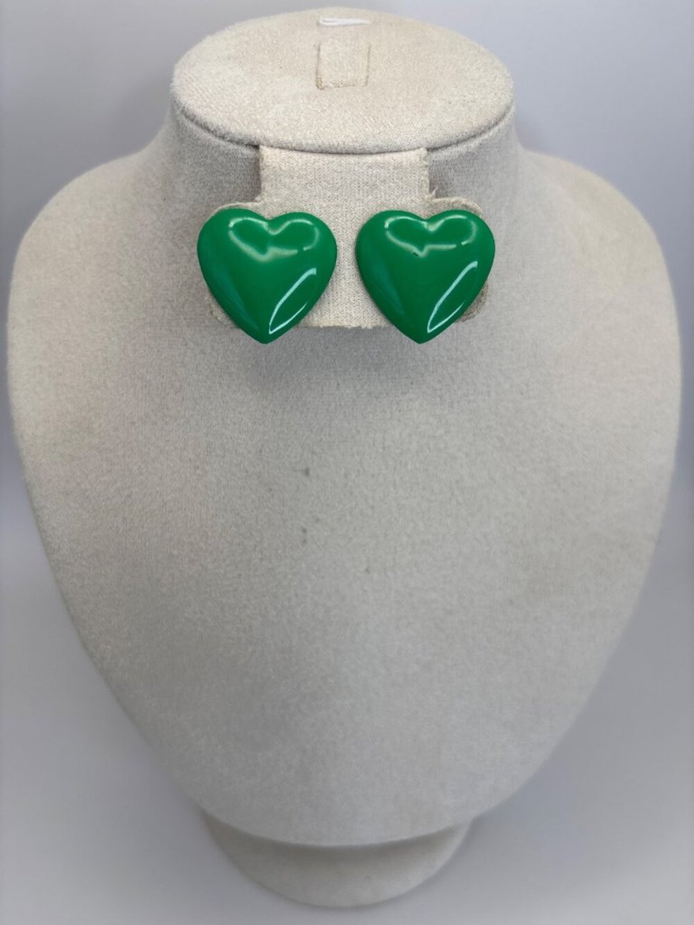 Vintage Retro Puffy Heart Enamel Green Pierced Earrings